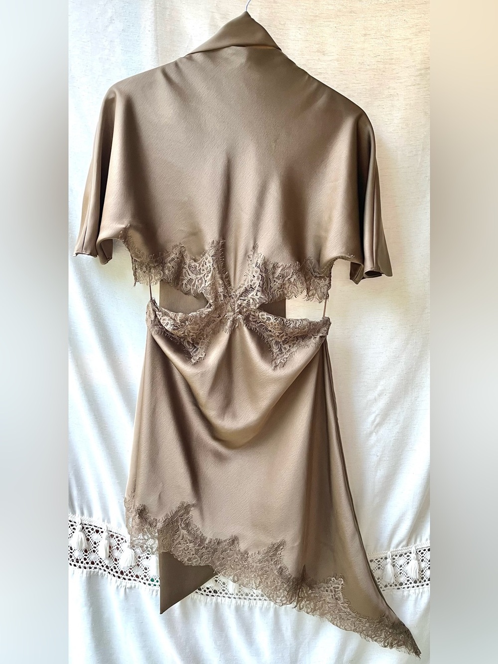 Zara Satin Cut Out Lace Dress Asymmetrical High Neck Scarf Brown Large - Picture 10 of 15